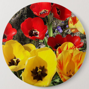 Gele en rode tulpen ronde button 6,0 cm