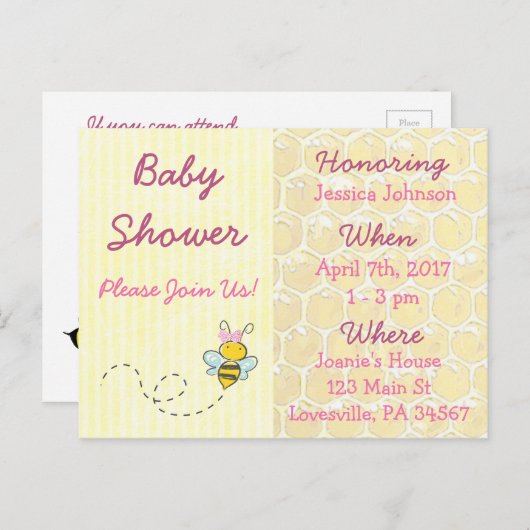 Gele en Roze Bumblebee Baby shower Uitnodiging (Voorkant / Achterkant)