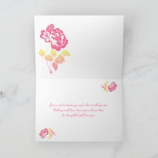 Gele en roze pioen op witte bedankkaart (Binnen)