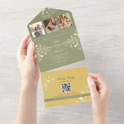 Gele en Sage Green bruiloft All In One Uitnodiging (Afscheurbaar)