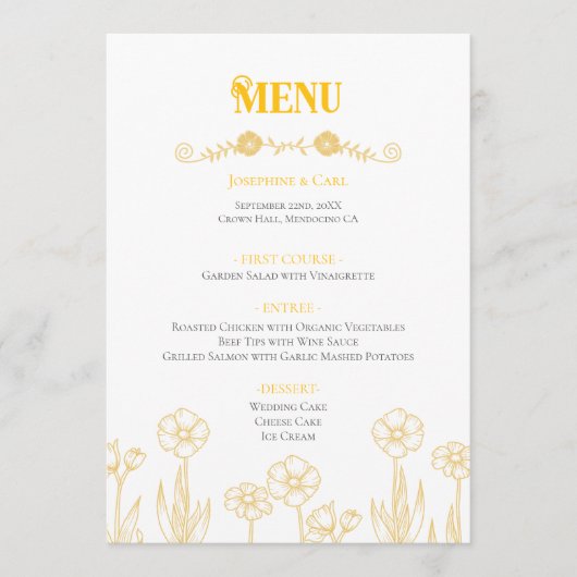 Gele en witte bloemen bruiloft menu (Voorkant)