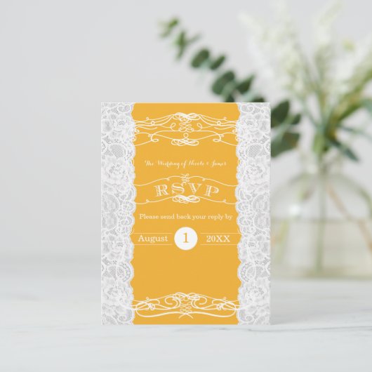 Gele en witte frank legant Wedding RSVP-kaart Uitnodiging Briefkaart (Staand voorkant)