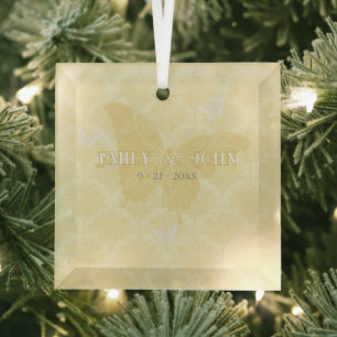 Gele en Witte Landvlinders Bruiloft Glas Ornament