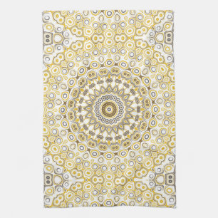 Gele en witte Mandala Kaleidoscoop Medaillon Theedoek