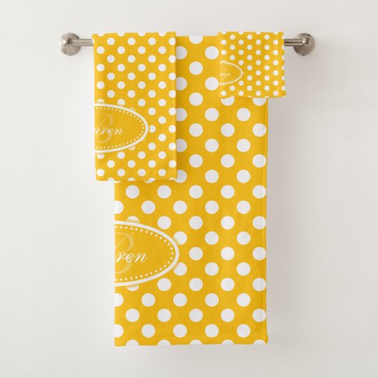 Gele en witte polka dot gepersonaliseerde handdoek (Insitu)