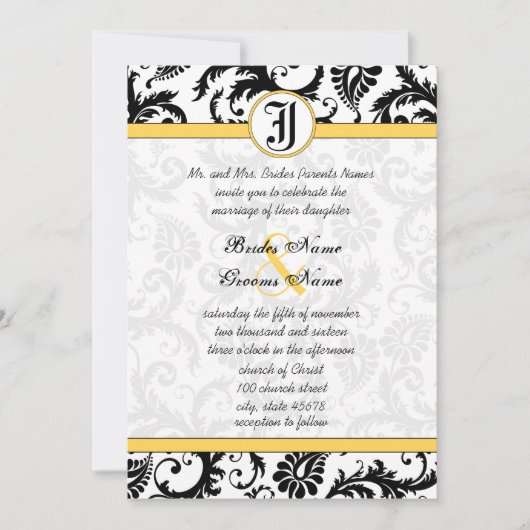 Gele en zwarte Damask zwemmen bruiloft-uitnodiging Kaart (Voorkant)