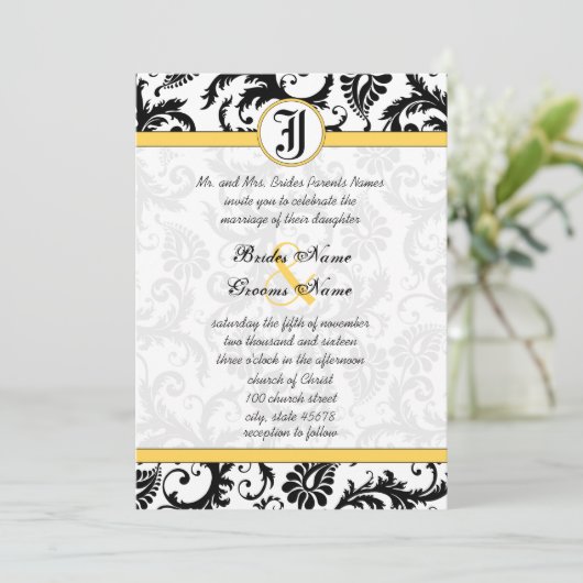 Gele en zwarte Damask zwemmen bruiloft-uitnodiging Kaart (Staand voorkant)