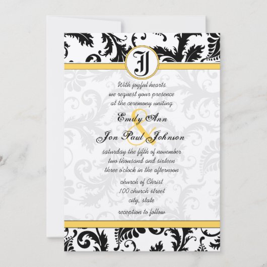 Gele en zwarte Damask zwemmen bruiloft-uitnodiging Kaart (Voorkant)