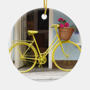  gele fiets en bloemmandje keramisch ornament
