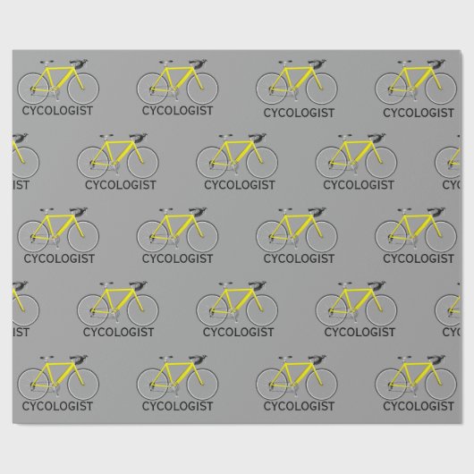 Gele fiets met cycoloog tekst op grijs cadeaupapier (Vlak)