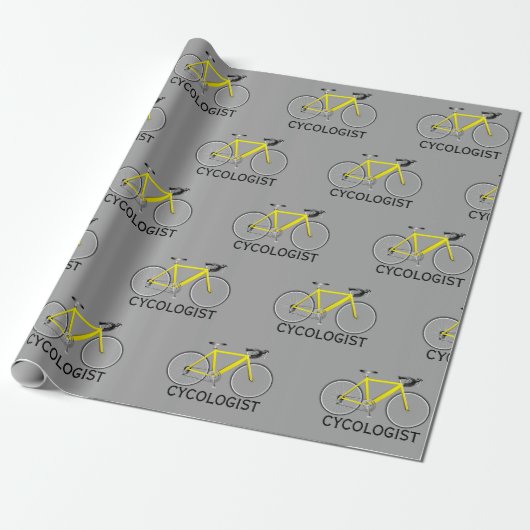 Gele fiets met cycoloog tekst op grijs cadeaupapier (Uitgerold)