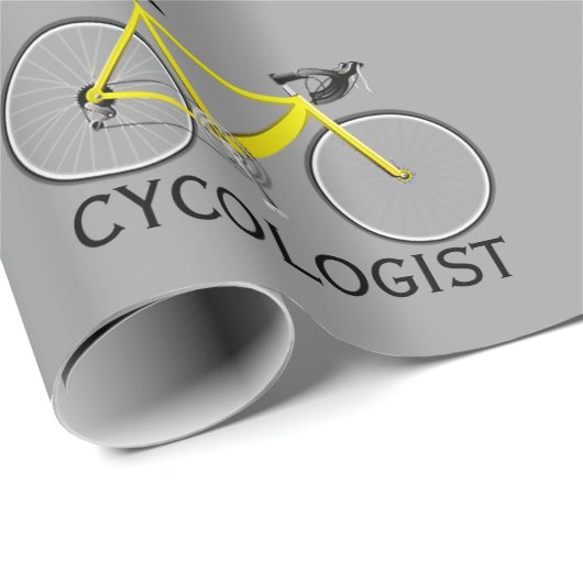 Gele fiets met cycoloog tekst op grijs cadeaupapier (Rol Hoek)