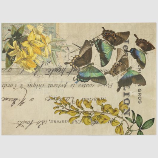 Gele Floral Butterflies Ephemera ontleedblad Tissuepapier (Voorkant)
