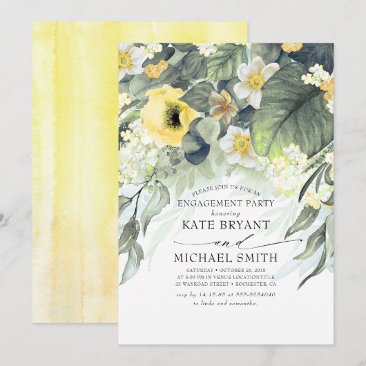 Gele Floral Modern Engagement Party Kaart (Voorkant / Achterkant)