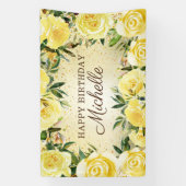 Gele Floral Rozen Glitter Happy Birthday Spandoek (Verticaal)