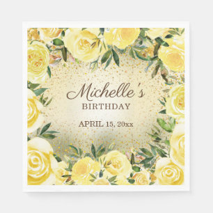 Gele Floral Rozen Gold Glitter Birthday Name Servet