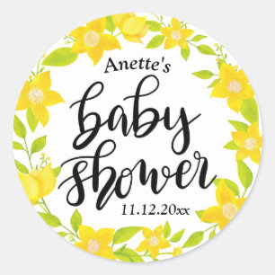 Gele Florals Handgeschreven Baby shower Ronde Sticker