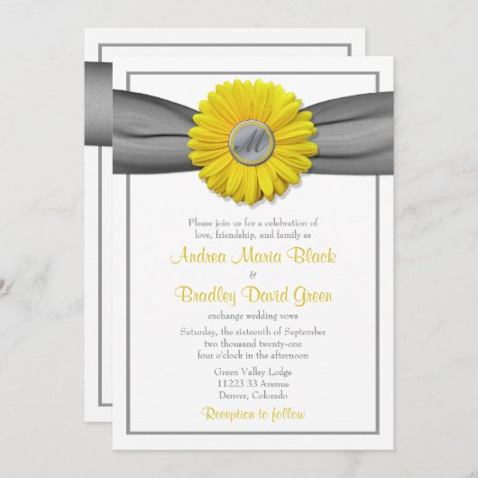 Gele Gerbera Daisy Gray Ribbon Uitnodiging (Voorkant / Achterkant)