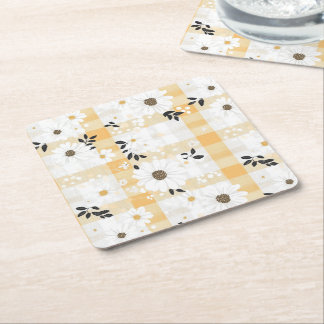 Gele geruite en met kleine bloemen coasters vierkante kartonnen onderzetter
