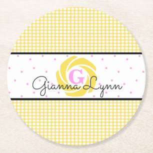 Gele geruite monogram ronde kartonnen onderzetter