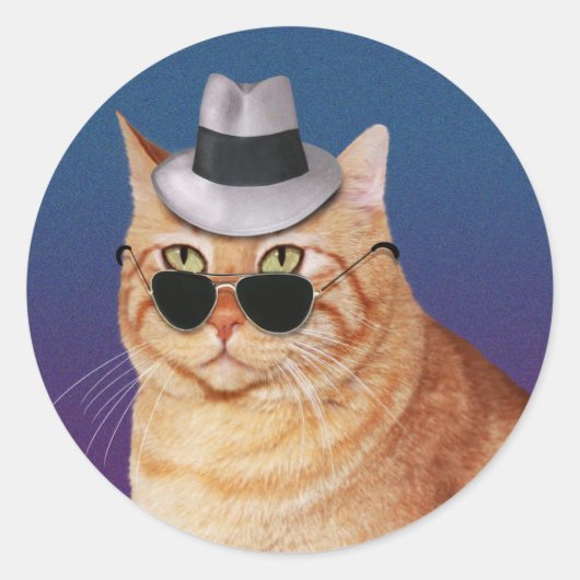 Gele gestripte kat met zonnebril en Pet Ronde Sticker (Voorkant)