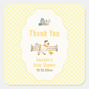 Gele Gingham Boerderij Verse Kuikens Baby Shower Vierkante Sticker