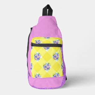 Gele Gingham en paarse bloemen Land Sling Bag