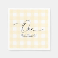 Gele Gingham First Birthday Paper Napkin