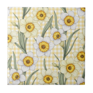 Gele Gingham Narcis Botanische Bloemmotief Tegeltje