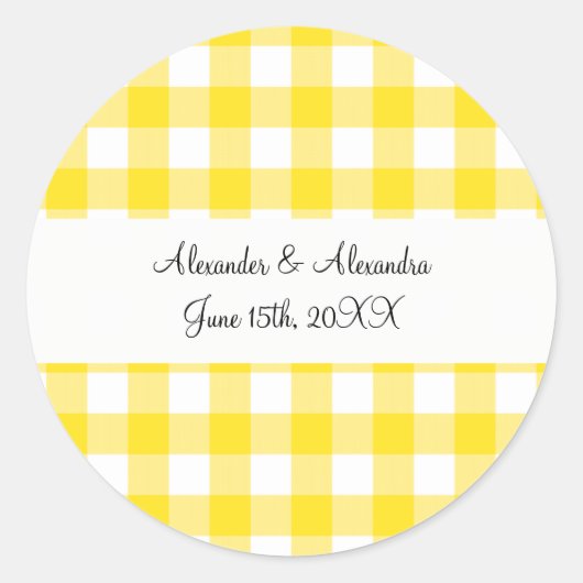Gele gingham patroon bruiloft gunsten ronde sticker (Voorkant)