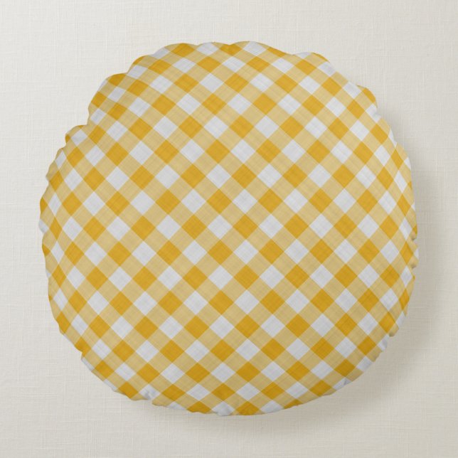 Gele Gingham Pset Checkered Pattern Rond Kussen (Voorkant)