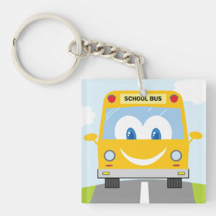 Gele glimlachende schoolbus sleutelhanger