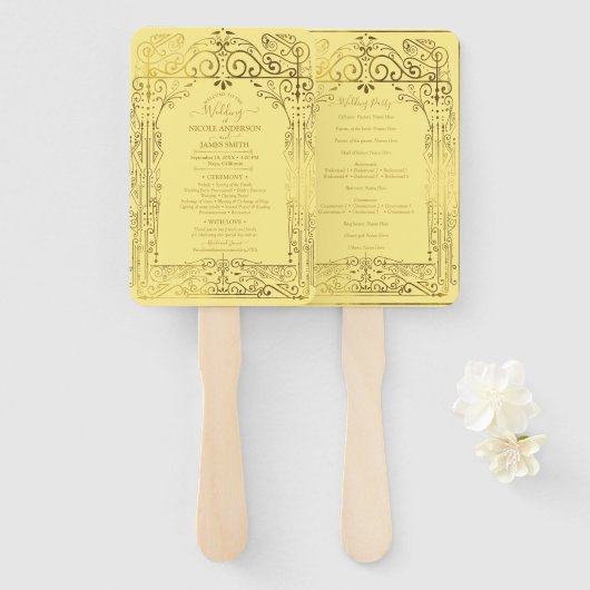 Gele Gold Deco Chic Glam Wedding Program Handwaaier (Voorkant en achterkant)