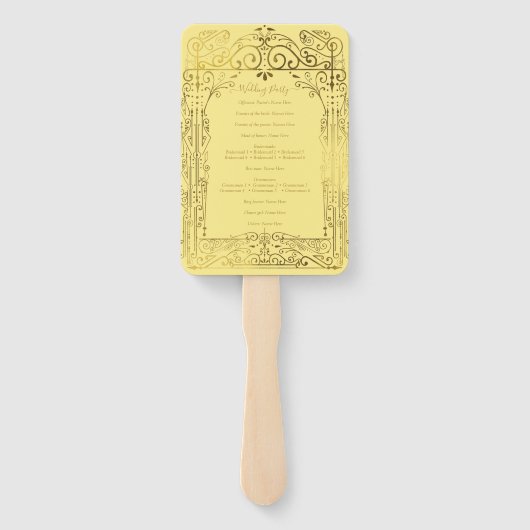 Gele Gold Deco Chic Glam Wedding Program Handwaaier (Achterkant)