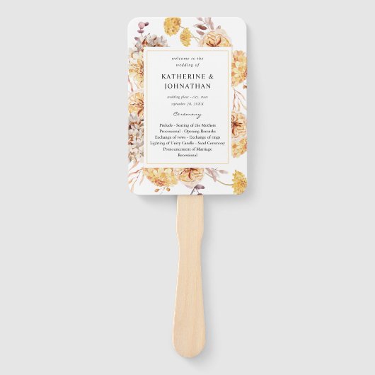 Gele Golden Floral Wedding Programme Hand Fan Handwaaier (Voorkant)