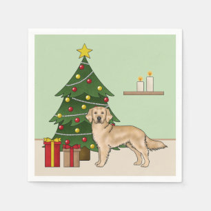 Gele Golden Retriever En Festieve Kerstboom Servet