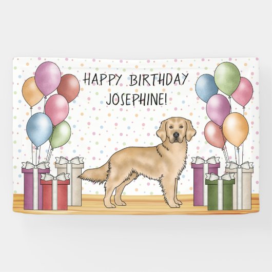 Gele Golden Retriever Hond Kleurrijke Verjaardag Spandoek (Horizontaal)