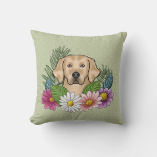 Gele Golden Retriever Kleurrijke Bloemen Groen Kussen