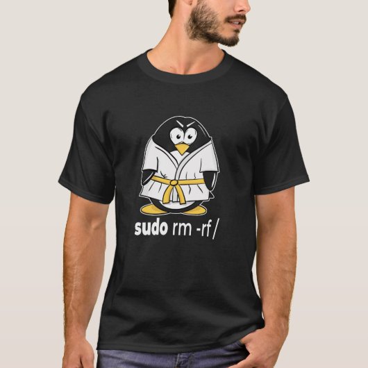 Gele gordel ninja linux pinguïn sudo rm-rf t-shirt (Voorkant)
