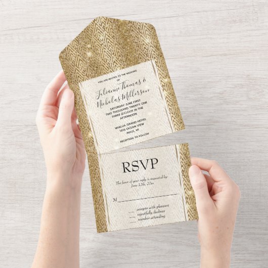 Gele Goud Glam Glitter Deco All In One Uitnodiging (Afscheurbaar)