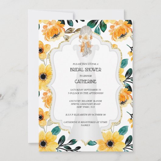 Gele goudbruidjurk met bruine grijs kaart (Voorkant)