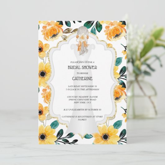 Gele goudbruidjurk met bruine grijs kaart (Staand voorkant)