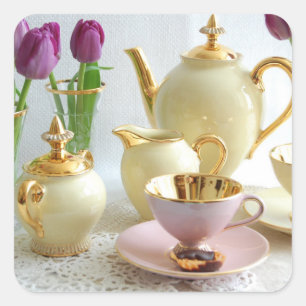 gele, gouden en roze theel-/koffie-stickers vierkante sticker