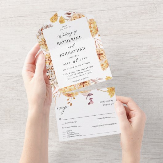 Gele gouden Floral bruiloft All In One Uitnodiging (Afscheurbaar)