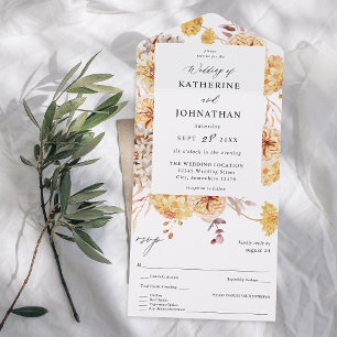 Gele gouden Floral bruiloft All In One Uitnodiging
