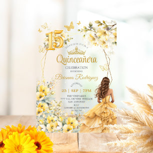 Gele Gouden Tiara Bloem Butterfly Quinceañera Acryl Uitnodigingen