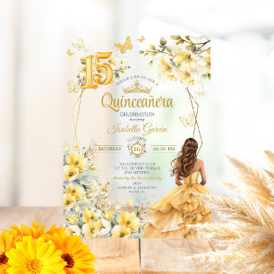 Gele Gouden Tiara Bloem Vlinder Quinceañera Acryl Uitnodigingen