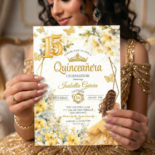 Gele Gouden Tiara Bloem Vlinder Quinceañera Kaart