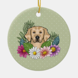 Gele Goudkleurige Retriever Kleurrijke Bloemen En Keramisch Ornament