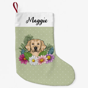 Gele Goudkleurige Retriever Kleurrijke Bloemen En Kleine Kerstsok